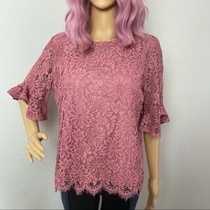 Nanette by Nanette Lepore Lace Blouse Ruffled Sleeves Scalloped Hem Size Medium